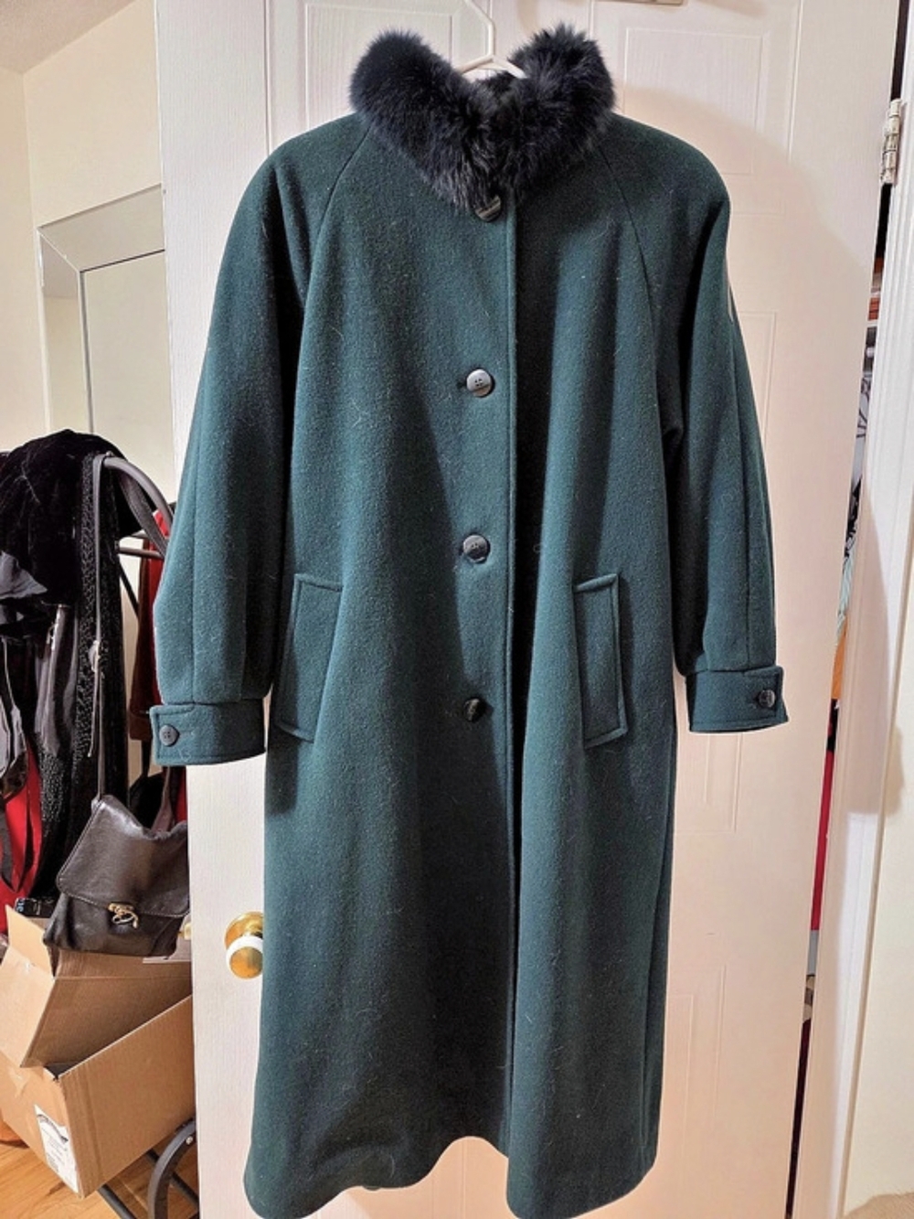 Vintage 80s Me-Jay Green Virgin Wool Coat Fox Fur Collar Leather Details
